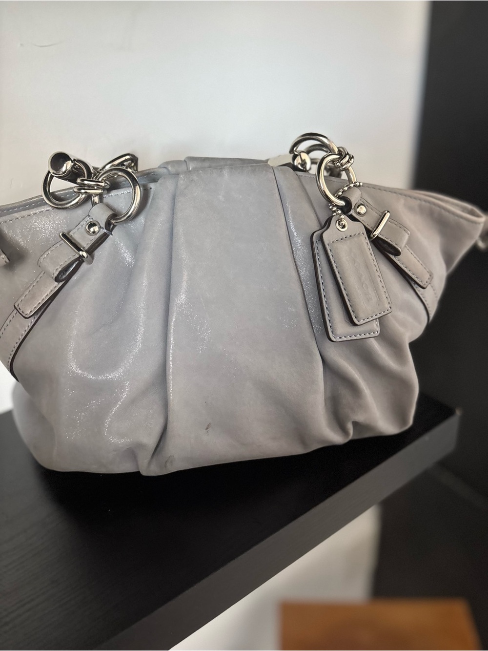 Coach Gray Gathered Leather Shoulder Bag with Silver Hardware